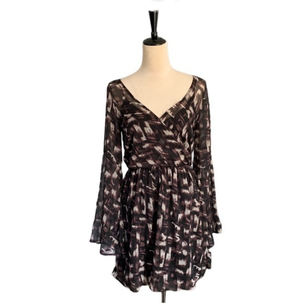 Abercrombie & Fitch Long Sleeve Boho Mini Dress M | Bell Sleeves Abstract Print‎